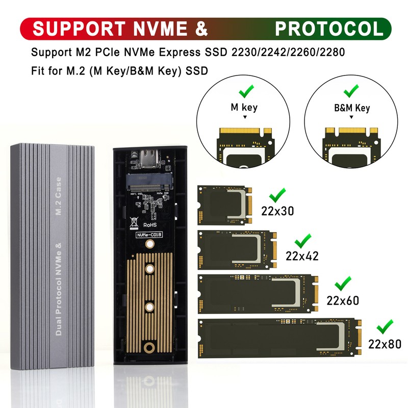 M.2 Nvme PCIE NGFF SATA SSD Enclosure Type C Port