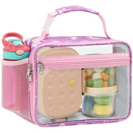 Bagseri Clear Kids Lunch Bags - Girls Lunch Box for School Reusable Snack Bag with Water Bottle Holder Stadium Approved Clear Bag, Purple Cute Unicorn