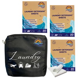 Travel Laundry Detergent Sheets and Travel Laundry Bag – Laundry Detergent Sheets 60-Count for Hand Wash or Machine Wash, Dirty Clothes Foldable Laundry Bag for Hotels, Cruises & Suitcases