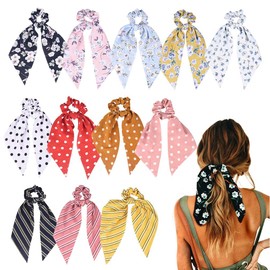 12 Pcs Coleteros para el Pelo, Elástico Bandas para Peinar el Cabello de Gasa, Scrunchies para Cabello con Estampado de Floral, Accesorios de Ligas para Cabello de Bowknot Vintage para Mujer y Niña