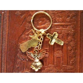Cross Angel Mary Spirit Dove Antiqued Goldtone Christian Keyring for PRAYERS
