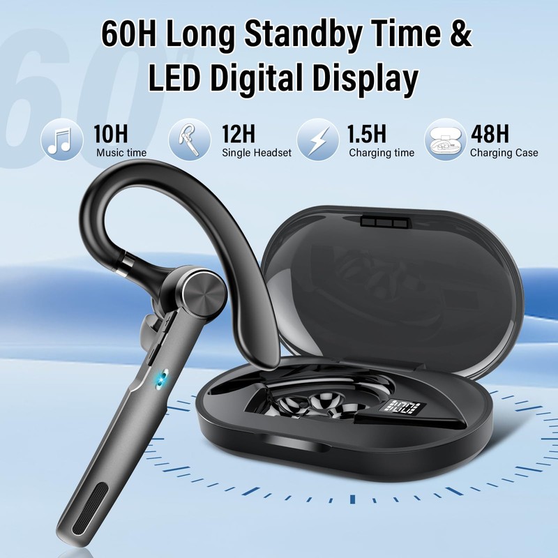 Bluetooth Headset, 2026 Wireless Bluetooth 5.3 Earpiece, 60 Hours Single-Ear