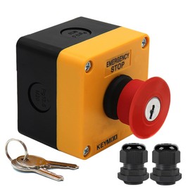 KEYMOO Emergency Stop Push Button Switch with Key Lock, 1NC 10A 660V with Waterproof Box IP65, with 2pcs PG13.5 Black Connectors