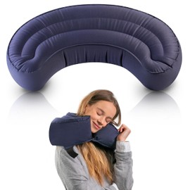 Air Bow Comfortable Travel Pillow - Airplane Pillow for Head, Neck, & Chin Rest, Inflatable & Soft Neck Pillow - Durable Material with Hygienic & Washable Cover, Easy to Inflate & Deflate (Blue)