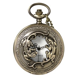 MORFONG Vintage Pocket Watch Quartz Pocket Watch with Necklace Half Hunter Pocket Watch Antique Watch for Men Women Father Grandpa Birthday Anniversary, bronze, Antique