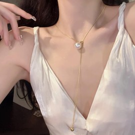 Pearl Lariat Neckalce Dainty Y Shape Necklace for Women Pearl Chain Necklace for Teen Girls Gift (Gold)