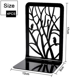LOSYHU 4 Pcs Book Ends Black, Metal Bookends for Shelves Heavy Duty Book End Decorative Tree Design Book Stopper Supports Anti Slip Book Stopper for Home Office Library School, Bird Style