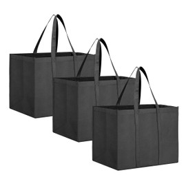 Black Shopping Bags, 3 Pcs Tote Bag, 41×33×26cm Lightweight Shopper Bag, Grocery Bag Tote Bag, Foldable Washable Reusable Folding Tote Bag With Small Hook for Daily Life Picnic Camping (Black)