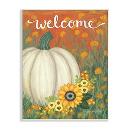 Stupell Industries Welcome Greeting Orange Autumn Sky Pumpkin Field Wall Plaque, 13 x 19