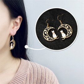 coadipress Cat Moon Earrings for Women Gold Plated Cartoon Enamel White Black Sailor Moon Cat Earrings Animal Carved Crescent Moon Earrings Jewelry (White)