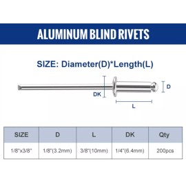 WORKPRO 200PC Aluminum Blind Rivets Steel Mandrel 1/8"x3/8" Pop Rivet Assortment