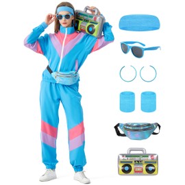 Ladhow 80s Track Suit for Women 80s 90s Outfit Retro Windbreaker 2 Piece Color Block Tracksuit Jacket Sweatpants Set