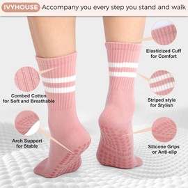 Ivyhouse 3 Pairs Pilates Socks with Grips for Women, Non Slip Yoga Socks, Pure Barre Grip Socks for Yoga, Ballet, Dance, Barefoot Workout, Gym, Hospital, Home (white,black,grey)