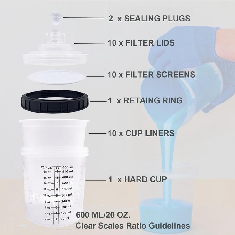 Poggapp Paint Sprayer Mixing Cup Liner and Cap Kit System