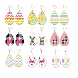 9 Pairs Easter Faux Leather Earrings Lightweight Rabbit Easter Eggs Daisy Flower Plaid Leopard Print Leather Teardrop Earrings for Women Holiday Jewelry Gifts