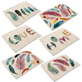 Placemats for Dining Table Set of 6, Heat Resistant Place Mats for Kitchen Table Washable Non-Slip Cotton and Linen Painting Pattern Christmas Easter Table Mats, Feather Pattern