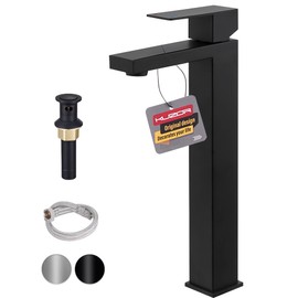 KUZOR Tall Vessel Sink Faucet Matte Black, Single Hole One Handle Tall Bathroom Faucets with Metal Pop Up Drain, 304 Stainless Steel Square Modern Faucet for Bowl Sink, Black Matt 12.5 Inch