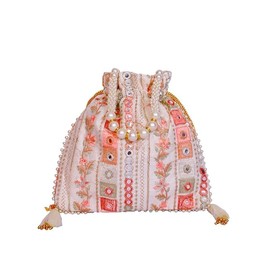 Betterminds Handcrafted Potli Bag Purse for Women | Pearl & Beaded with Floral Embroidery | Elegant Evening Clutch, Beige