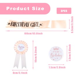 Bojueshaw 3pcs Birthday Girl Decorations Set,Rose Gold Satin Sash, Birthday Badge,and Metal Pin for Women and Girls(3-Piece Set)