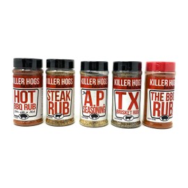 Killer Hogs Barbecue Rub Variety Pack - Hot BBQ, Steak Rub, A.P. Seasoning, Texas Brisket Rub, and Original BBQ Rub - Pack of 5 Bottles - 59 oz Total - Bulk Killer Hogs BBQ Rub