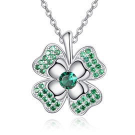 TANGPOET Four Leaf Clover Pendant 925 Sterling Silver Emerald Green Lucky Four Leaf Clover Necklace Jewellery Gifts for Women Ladies Girls, Sterling Silver, Cubic Zirconia