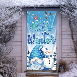 Winter Door Decorations, Hello Winter Door Banner for Winter Wonderland Christmas Party Decor,Winter Gnome Snowman Door Cover Decorations, Winter Xmas Holiday Door Wall Decoration