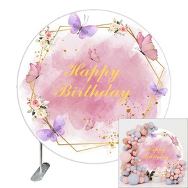 Renaiss Happy Birthday Round Backdrop Cover 7.2ft Polyester Butterfly Flowers Pink Watercolor Circle Backdrop Cover for Girls Women Birthday Party Decor Photo Prop