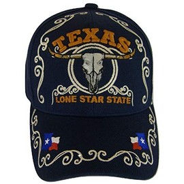 Texas Lone Star State Adjustable Baseball Cap with Flag and Longhorn (Navy)