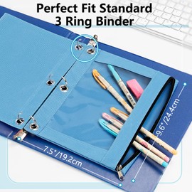 Forvencer Pencil Pouch for 3 Ring Binder, Binder Pencil Case with Smooth Zipper, Clear Window Pencil Case for Binder, Big Capacity 3 Ring Binder Pencil Bag with 3 Reinforced Grommets, Sky Blue