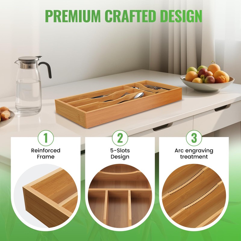 Small Silverware Organizer, Bamboo Kitchen Drawer Cutlery Organizer, Utensil Holder,