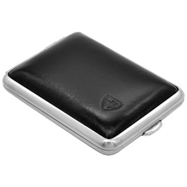 Pillendose Etui Echtleder, Handmade in Germany, mit Pillenbox Einsatz - klein und handlich, Nickelrahmen mit schwarzem Leder, ideal zum Aufbewahren von Tabletten, Tabak, Schnupftabak, Schmuck uvm.