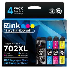 E-Z Ink 702XL Ink Cartridges High Yield Remanufactured for Epson 702 XL 702XL T702XL T702 to use with Epson Workforce Pro WF-3720 WF-3730 WF-3733 (1 Black, 1 Cyan, 1 Magenta, 1 Yellow, 4 Pack)