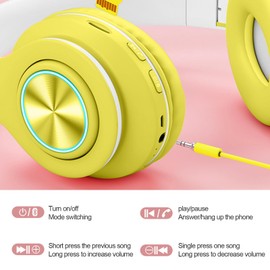 Bluetooth Over Ear Headphones ,Colorful LED Lights Headphones ,Foldable Hi-Fi Stereo Headphones with in Microphone, Wired and Wireless Headphones for Classroom/Home Office/PC/Mobile (yellow)