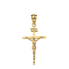 Claddagh Gold - Solid 10k Yellow Gold Catholic Jesus Christ on INRI Crucifix Cross Pendant (1.19")