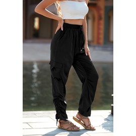 PRETTYGARDEN Women's Satin Jogger Pants Casual High Waist Long Lounge Pant Trousers with Pockets (Z_Black,Medium)