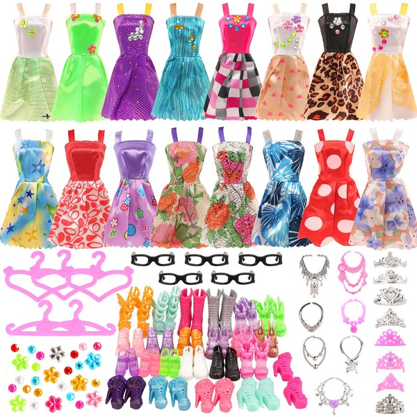 BARWA 43 pcs Doll Clothes and Accessories 10 pcs Party Dresses with 32 pcs Shoes, Crown, Necklace, Hangers, 1 DIY Sticker Accessories for 11.5 inch Doll