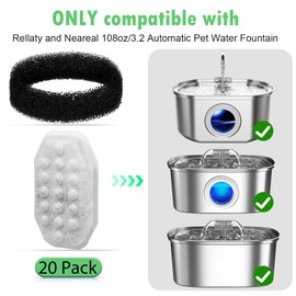 20 Pack Cat Water Fountain Filters Replacement & Pre-Filter Sponges for Rellaty and Neareal 3.2L/108oz Automatic Pet Fountain Dog Water Fountain