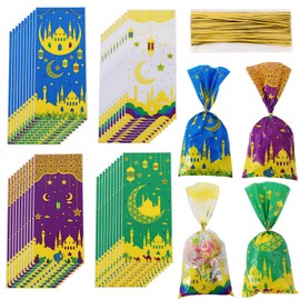 EKSMA 100 Pieces Eid Mubarak Purple Goodie Bags, Muslim Castle Moon Star Pattern Ramadan Treat Bags Cellophane Bags for Muslim Islamic Eid Iftar Diwali Party Kids Gifts