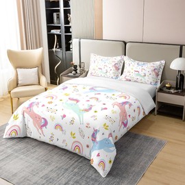 Girls Unicorn Rainbow Bedding Set for Kids Boys Girls Cute Rainbow Comforter Cover Set Full Size Lovely Kids Rainbows 100% Cotton Duvet Cover Cute Princess Bedspread Cover Bedding Collection 3Pcs