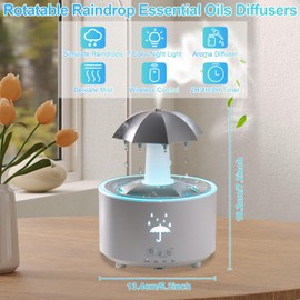 Raindrop Humidifier for Bedroom and Office, Essential Oil Diffuser with 7-Color LED Lights, 4-Timer Air Humidifier, Ideal 300ML Mini Air Vaporizer for Nursery & Families (White Rotatable Umbrella)