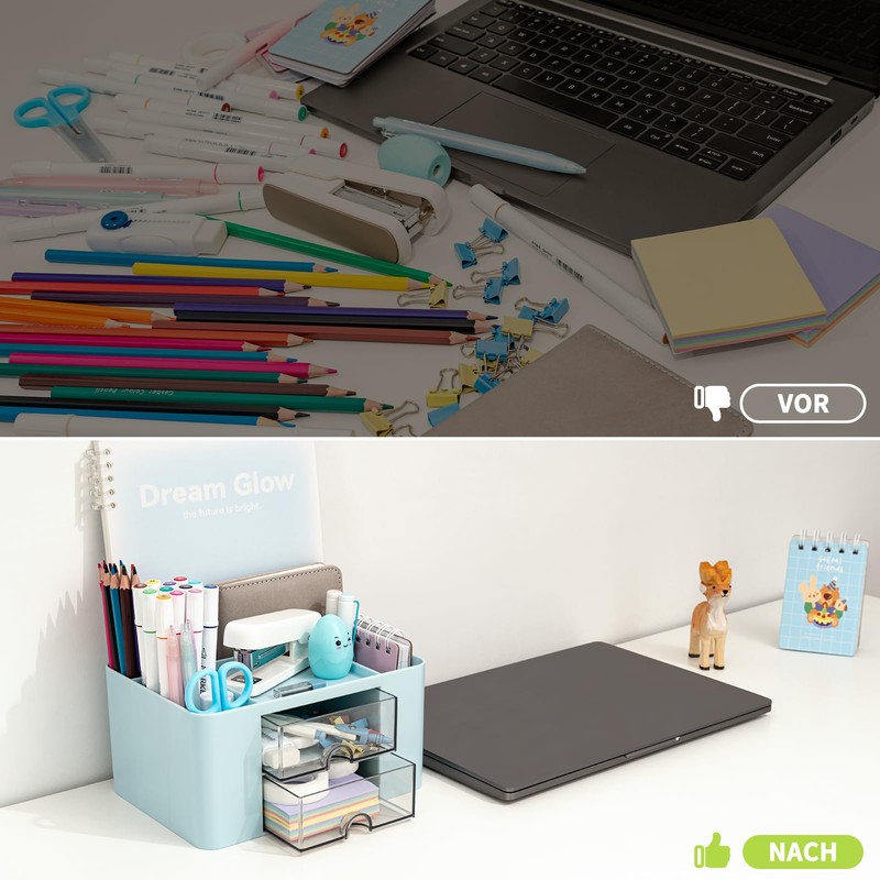 RISEMART Desk Organiser with 2 Drawers (Blue Double Layer)