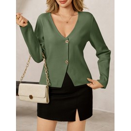 Saodimallsu Womens V Neck Cardigans Long Sleeve Button Down Cropped Knit Trendy Front Slit Dressy Casual Fall Sweater Blazers Army Green