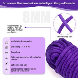 Multi-Purpose Guy Ropes, Washing Lines, Cord Kit - Comfort Cotton Cord, Robust Climbing Rope, 8 mm Multi-Purpose Rope Paracord for Tent, Camping, Hiking, Outdoor, DIY, Decoration (3 x 10 m, Purple)
