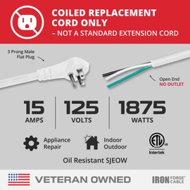 Iron Forge Cable 15 Amp White Replacement Coiled Extension Cord 5 ft - SJEOW Oil Resistant & Flat Plug 3 Prong, 14 Gauge Coiled Cord for Outdoor & Indoor