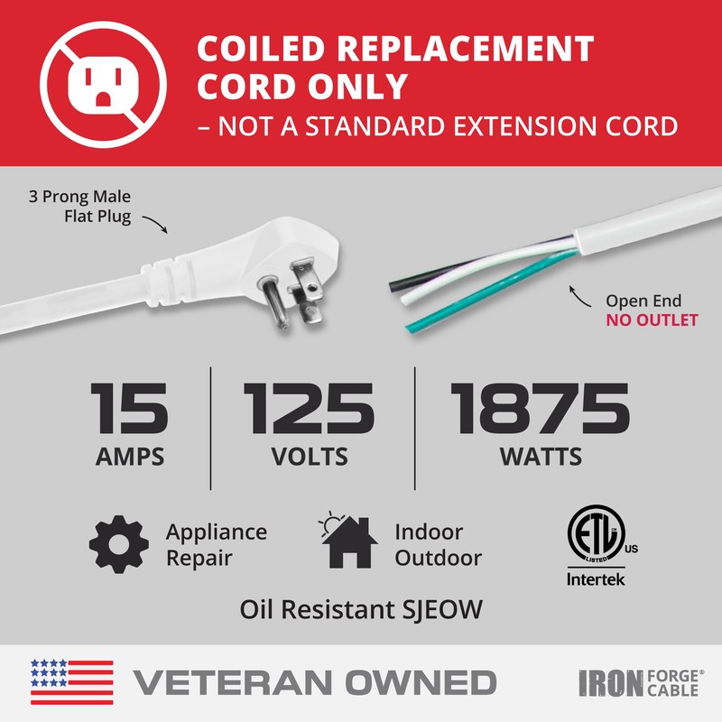 Iron Forge Cable 15 Amp White Replacement Coiled Extension Cord
