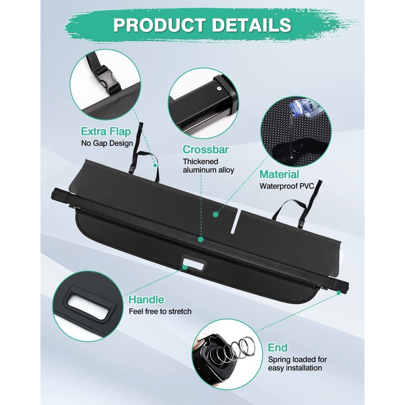 Powerty Cargo Cover for 2019-2023 Jeep Cherokee Trunk Cover Retractable