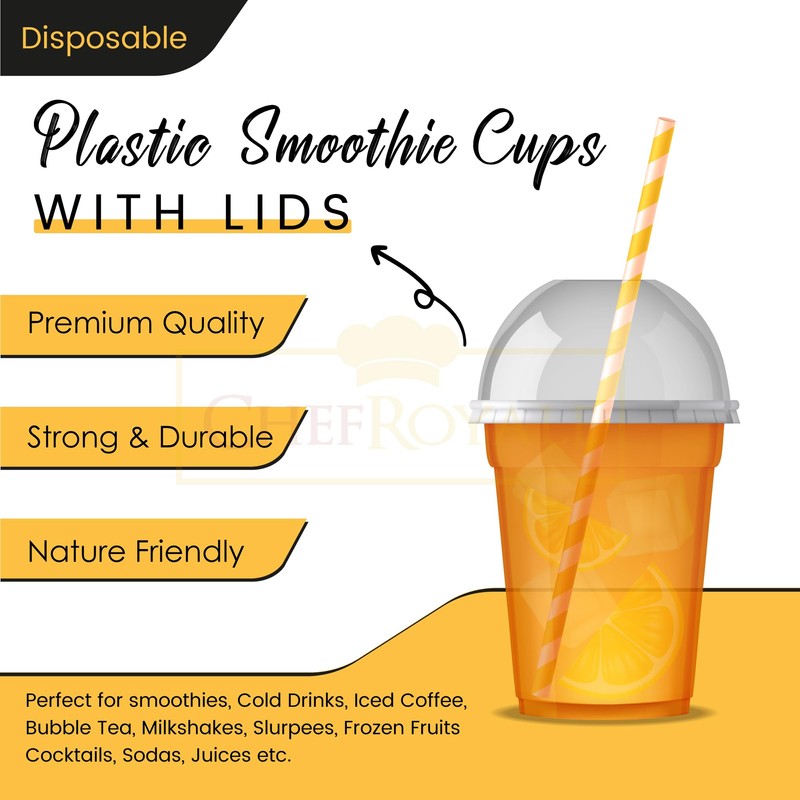 CHEF ROYALE 25 x 12oz Plastic Smoothie Cups with Dome