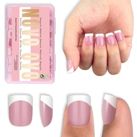 NOVO OVO Extra Short White French Tip Nail Tips, XS XXS Square Round BERRY PINK, for Wide & Short Nail Beds, Thick Full Cover Press on for Women Men, Soft Gel Acrylic Extension kit, 16 Sizes x 224pcs