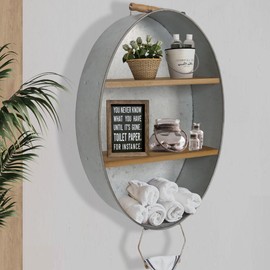 Oakrain Towel Rack with Wood Shelves, Galvanized Wash Tub Rustic Towel Holder, Decorative Wall Shelf for Bathroom, Lavatory, Entryway