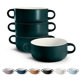 Kook Soup Crocks, Ceramic Bowls, Broil, Oven, Microwave and Dishwasher Safe, with Handles, For Casserole, Pasta, Cereal, 18 oz, Set of 4 (Hunter Green)